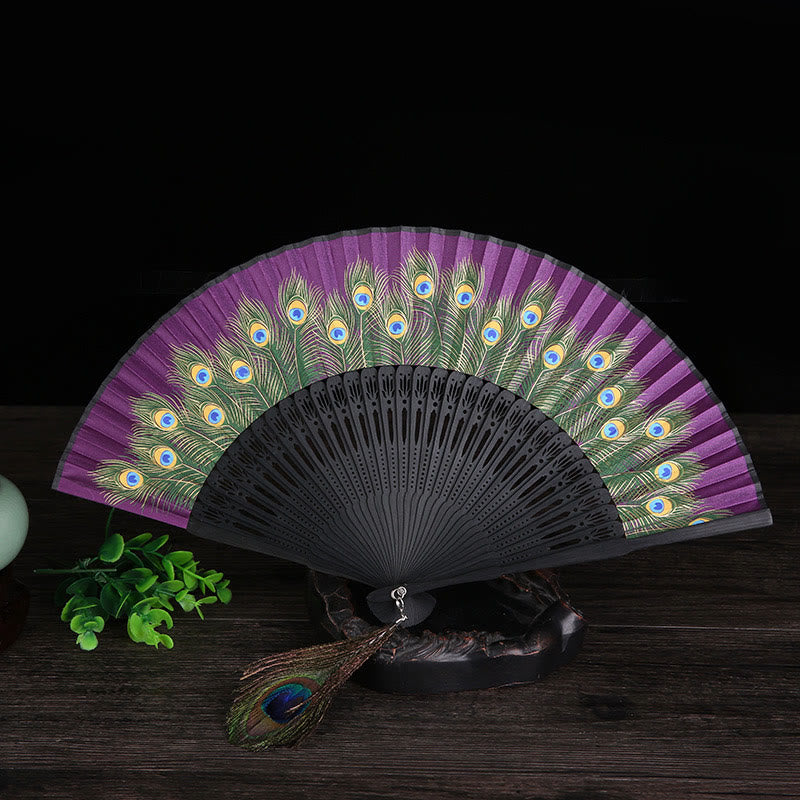 Buddha Stones Peacock Feather Handheld Bamboo Folding Fan 21.5cm