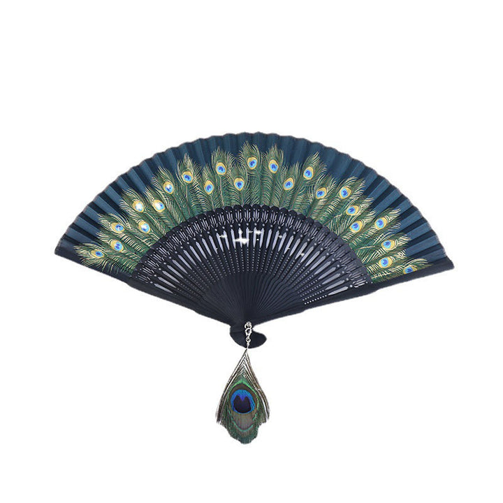 Buddha Stones Peacock Feather Handheld Bamboo Folding Fan 21.5cm