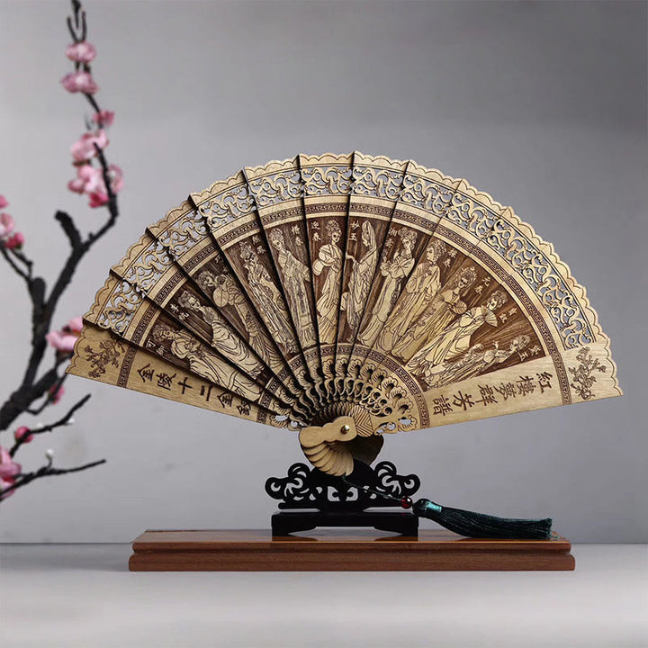 Buddha Stones Koi Fish Peony Bird Flower Engraved Hollow Handheld Phoebe Zhennan Wood Folding Fan 22cm