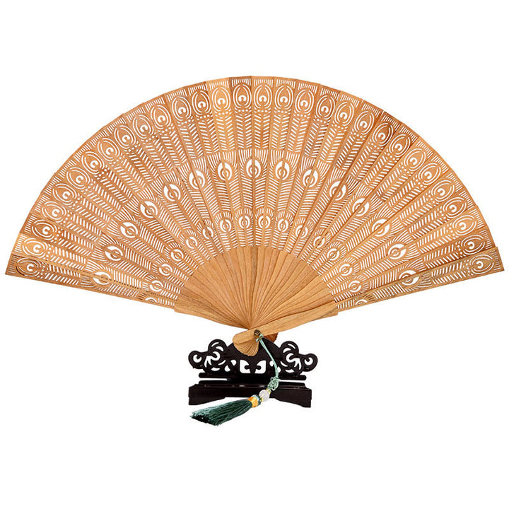 Buddha Stones Peacock Feather Carved Hollow Handheld Small Leaf Red Sandalwood Green Sandalwood Folding Fan 22.5cm