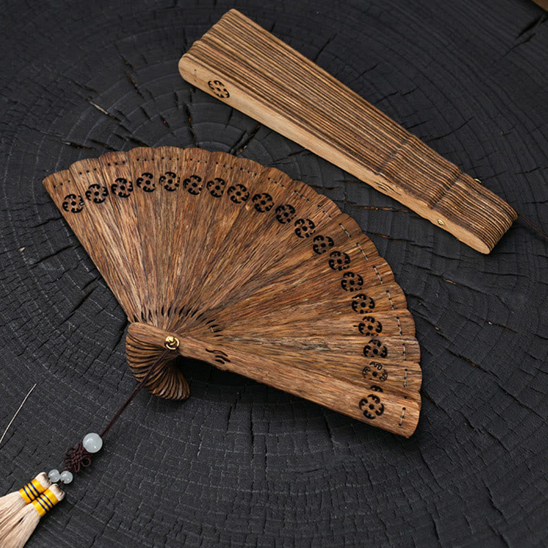 Buddha Stones Nha Trang Agarwood Engraved Hollow Wood Folding Fan Car Hanging Decoration