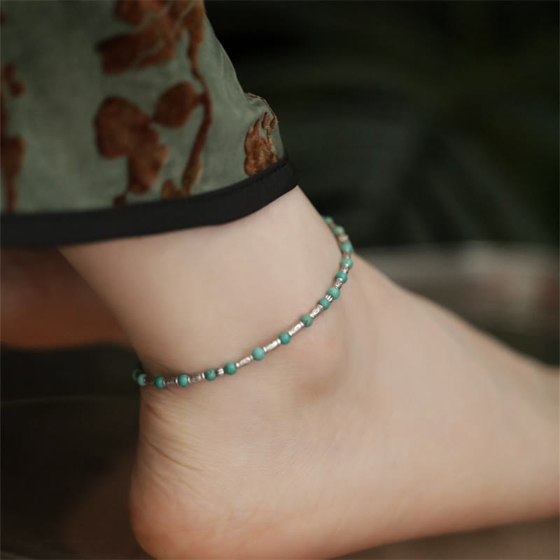 Buddha Stones 925 Sterling Silver Turquoise Small Beads Fish Pattern Protection Anklet