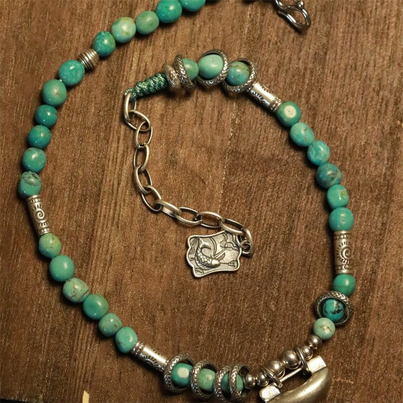 Buddha Stones 925 Sterling Silver Turquoise Small Beads Chinese Lock Charm Strength Anklet