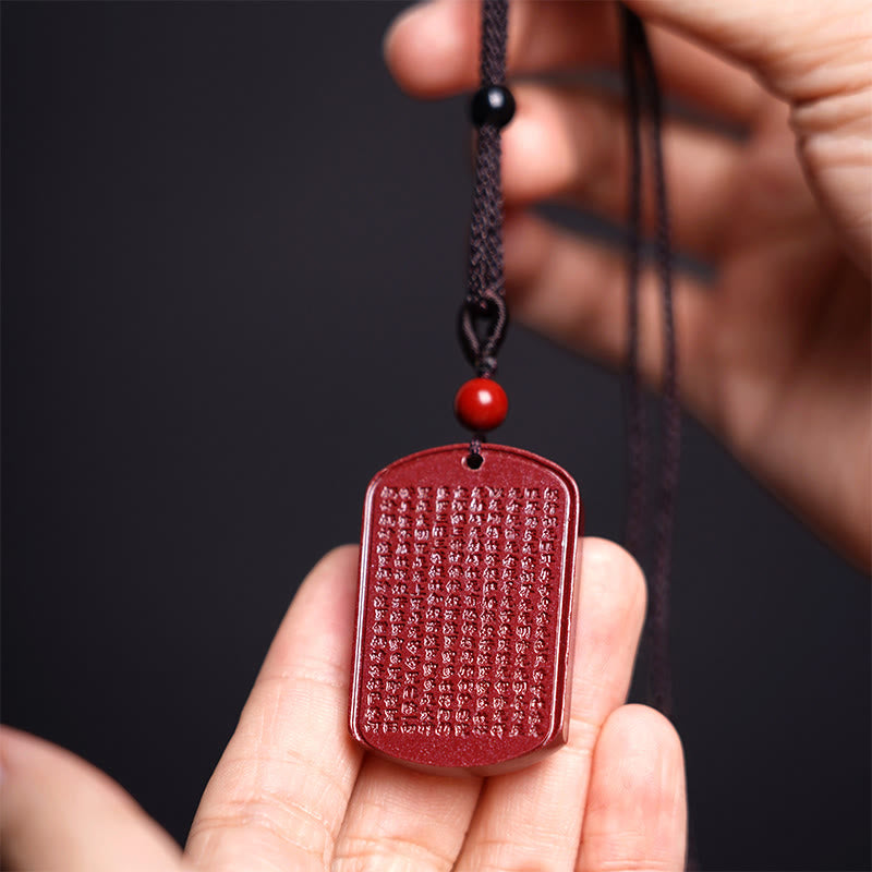 Buddha Stones Cinnabar Lotus Heart Sutra Engraved Blessing Rope Necklace Pendant