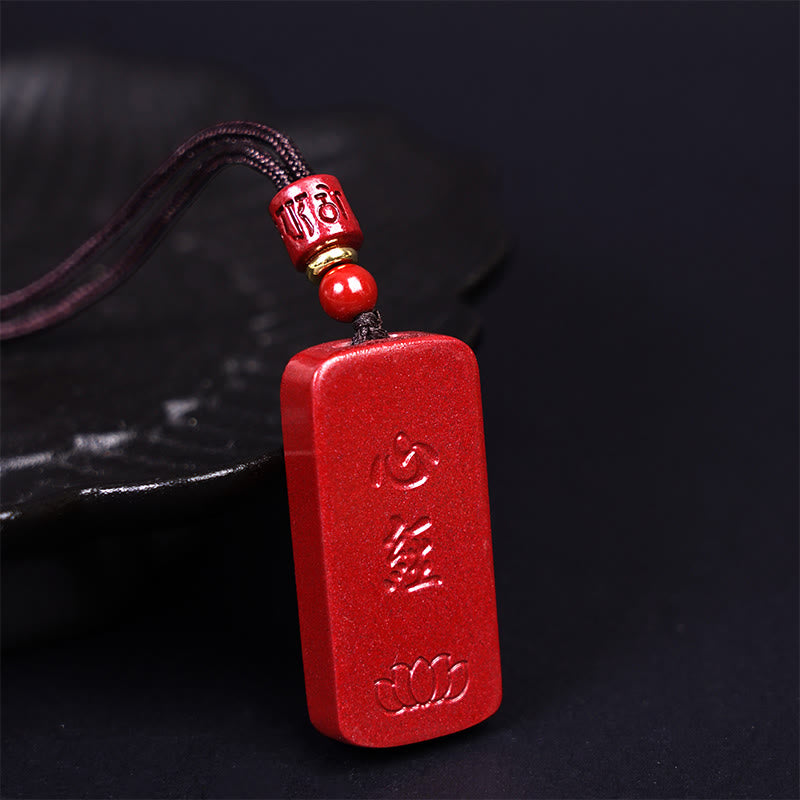 Buddha Stones Cinnabar Lotus Heart Sutra Engraved Blessing Rope Necklace Pendant