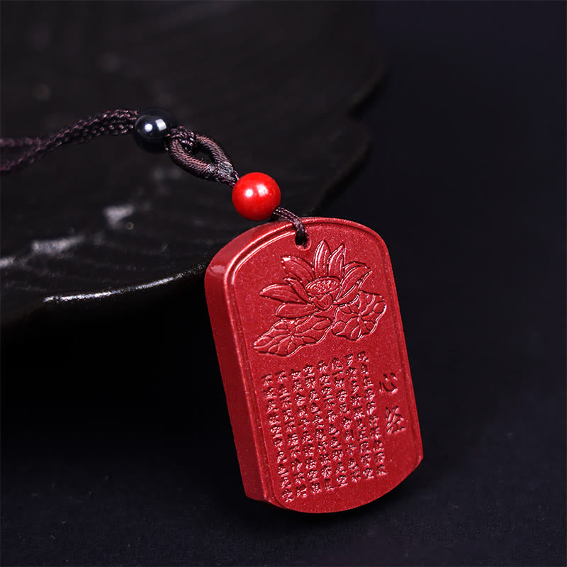 Buddha Stones Cinnabar Lotus Heart Sutra Engraved Blessing Rope Necklace Pendant - Heart Sutra Words 37.3*24*6.1mm - image 1