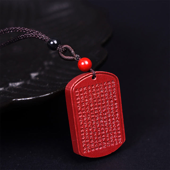 Buddha Stones Cinnabar Lotus Heart Sutra Engraved Blessing Rope Necklace Pendant