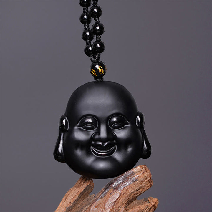 Buddha Stones Natural Black Obsidian Laughing Buddha Purification Necklace Pendant