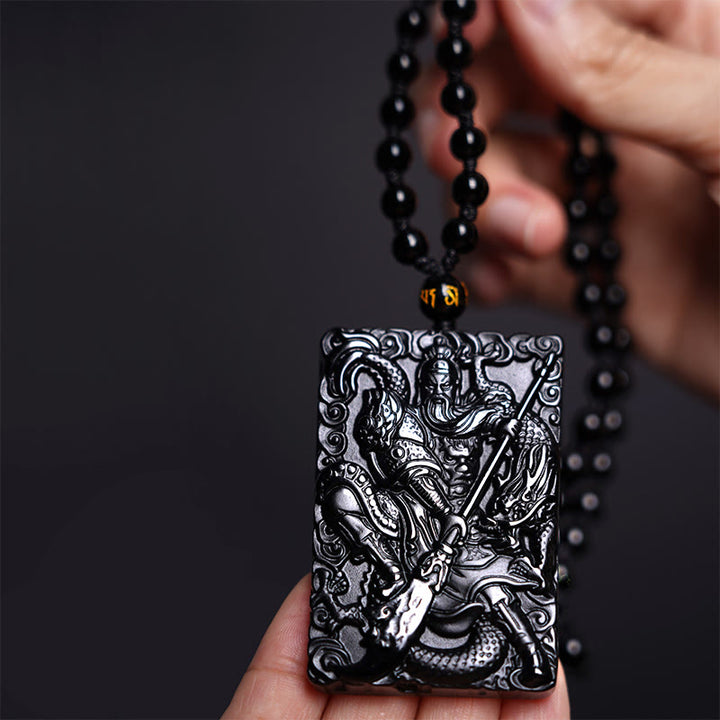 Buddha Stones Black Obsidian Guan Gong Amulet Engraved Strength Necklace Pendant