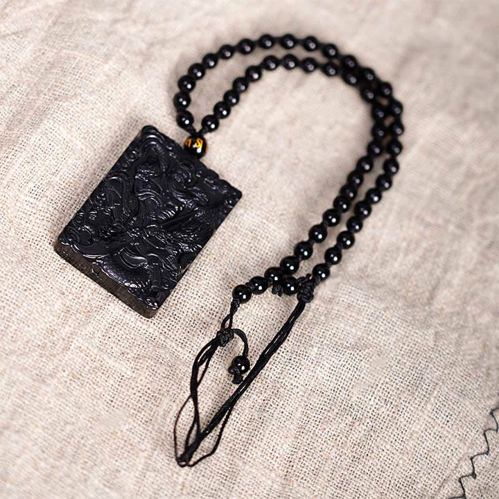 Buddha Stones Black Obsidian Guan Gong Amulet Engraved Strength Necklace Pendant