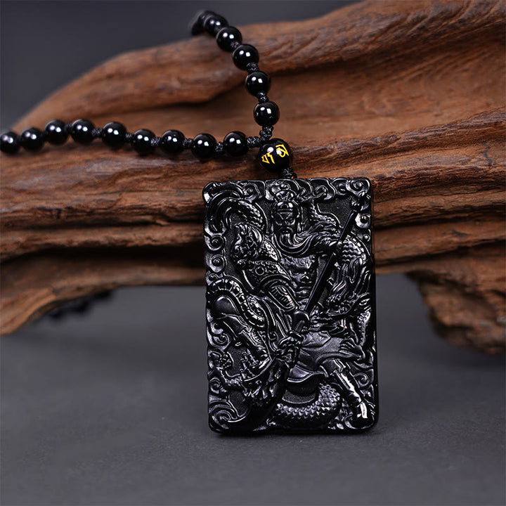 Buddha Stones Black Obsidian Guan Gong Amulet Engraved Strength Necklace Pendant