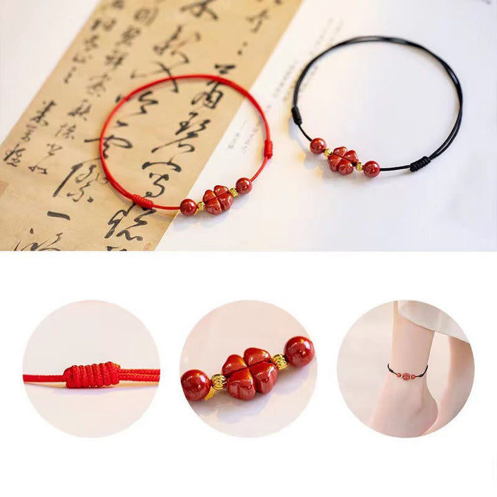 Buddha Stones Cinnabar Four Leaf Clover Blessing String Rope Anklet