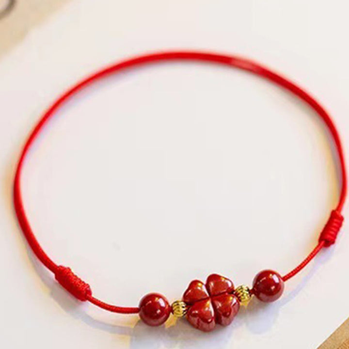 Buddha Stones Cinnabar Four Leaf Clover Blessing String Rope Anklet