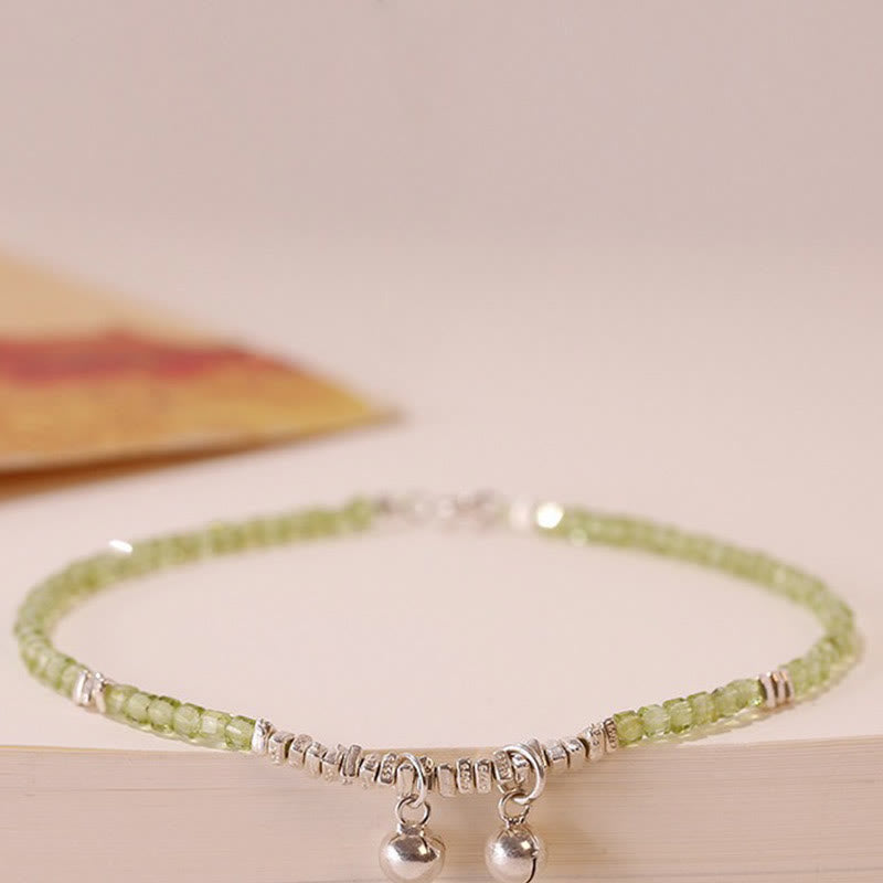 Buddha Stones 925 Sterling Silver Natural Peridot Square Beads Peace Anklet