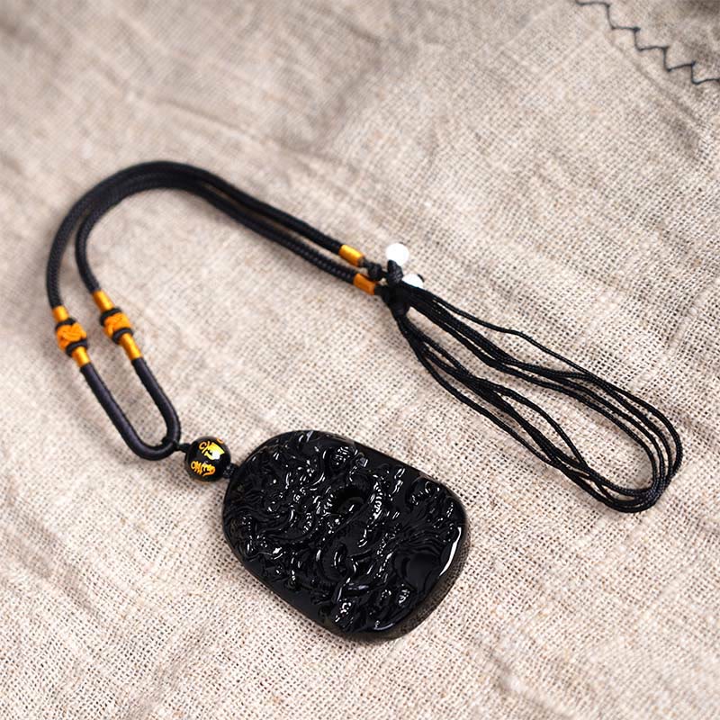 Buddha Stones Black Obsidian Dragon Carved Luck Protection Necklace Pendant - image 6