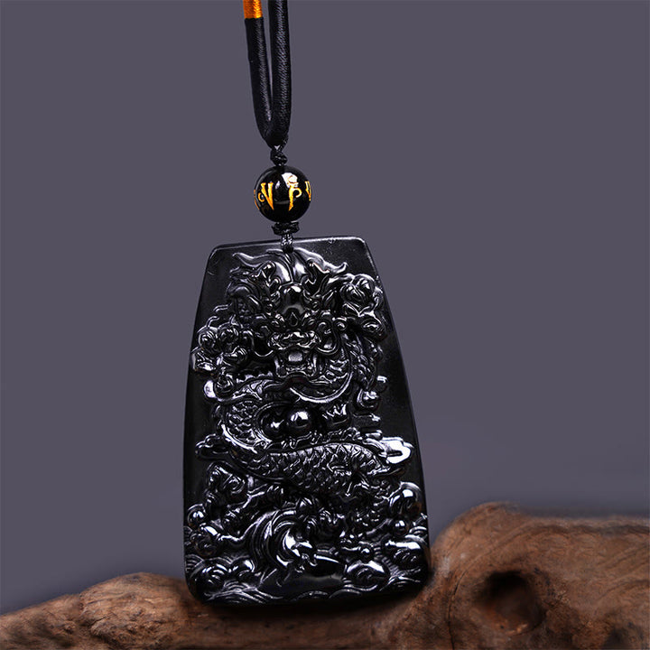 Buddha Stones Black Obsidian Dragon Carved Luck Protection Necklace Pendant - Trapezoidal Dragon 65mm*44mm - image 9