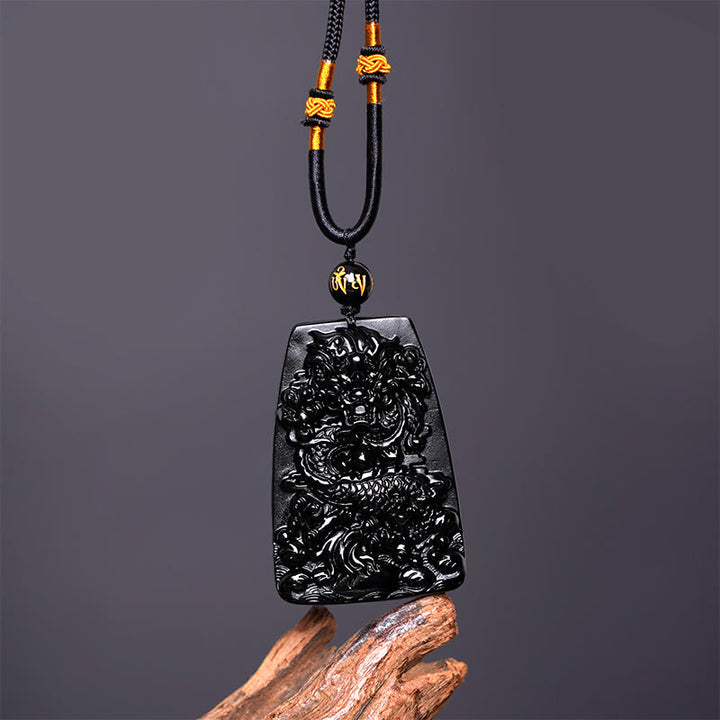 Buddha Stones Black Obsidian Dragon Carved Luck Protection Necklace Pendant - image 10