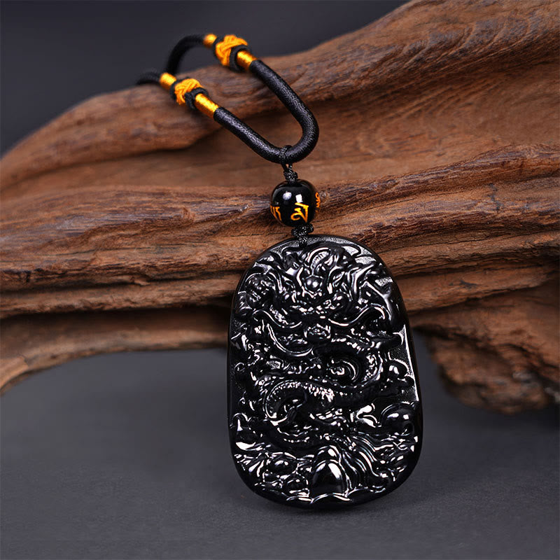 Buddha Stones Black Obsidian Dragon Carved Luck Protection Necklace Pendant - image 4