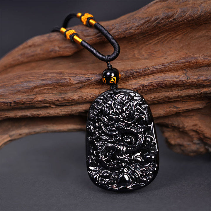 Buddha Stones Black Obsidian Dragon Carved Luck Protection Necklace Pendant - image 4