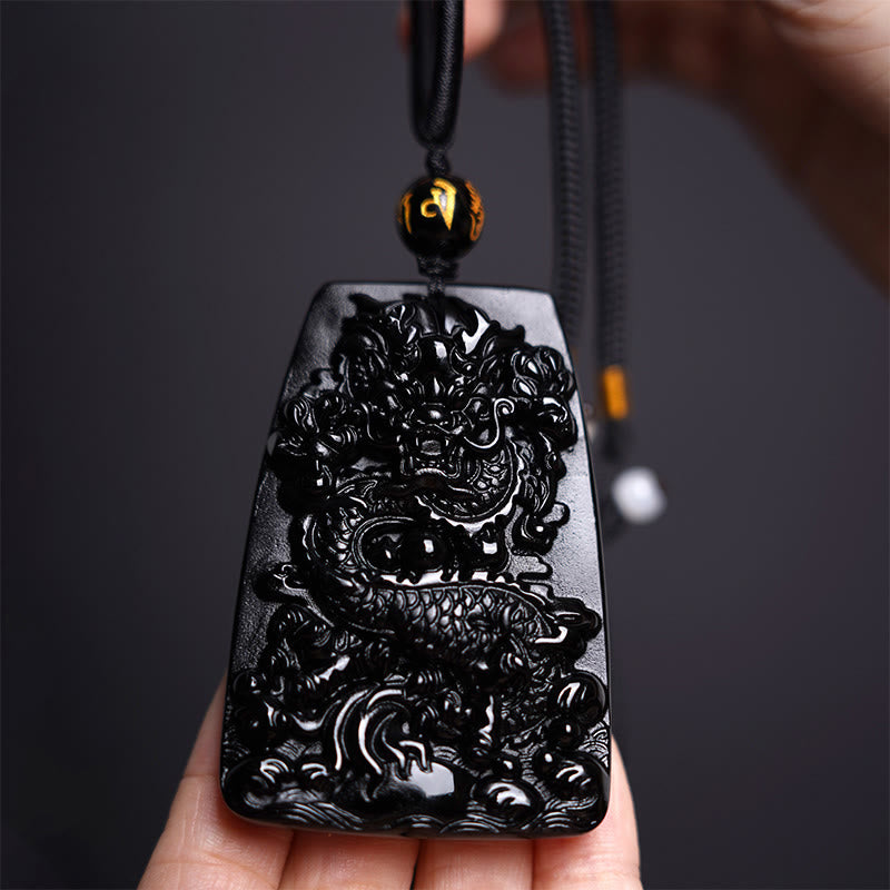 Buddha Stones Black Obsidian Dragon Carved Luck Protection Necklace Pendant - image 11