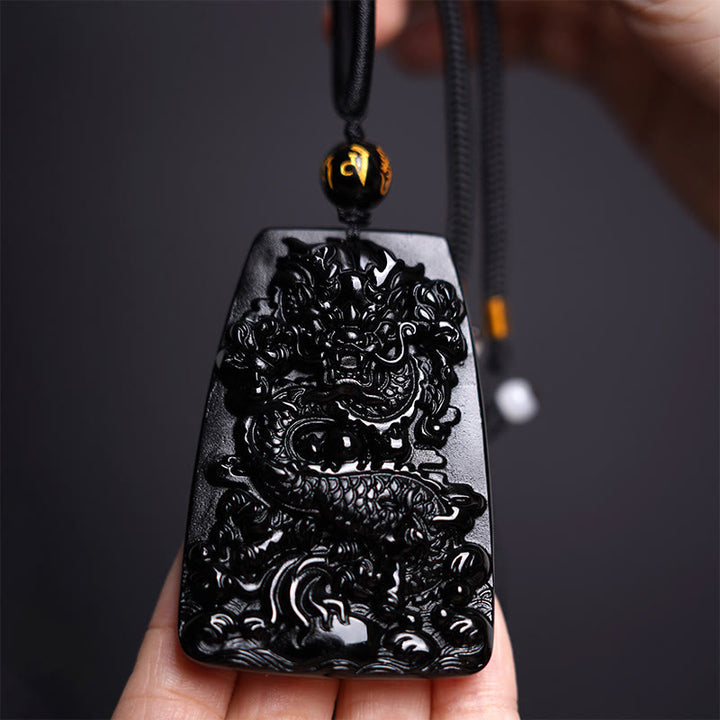 Buddha Stones Black Obsidian Dragon Carved Luck Protection Necklace Pendant - image 11