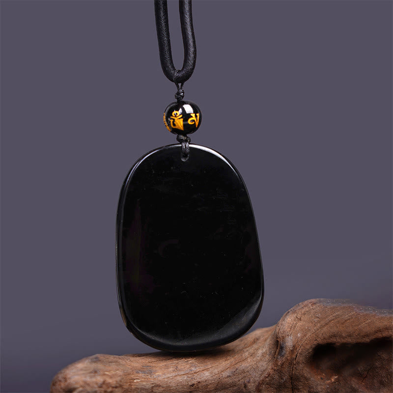 Buddha Stones Black Obsidian Dragon Carved Luck Protection Necklace Pendant