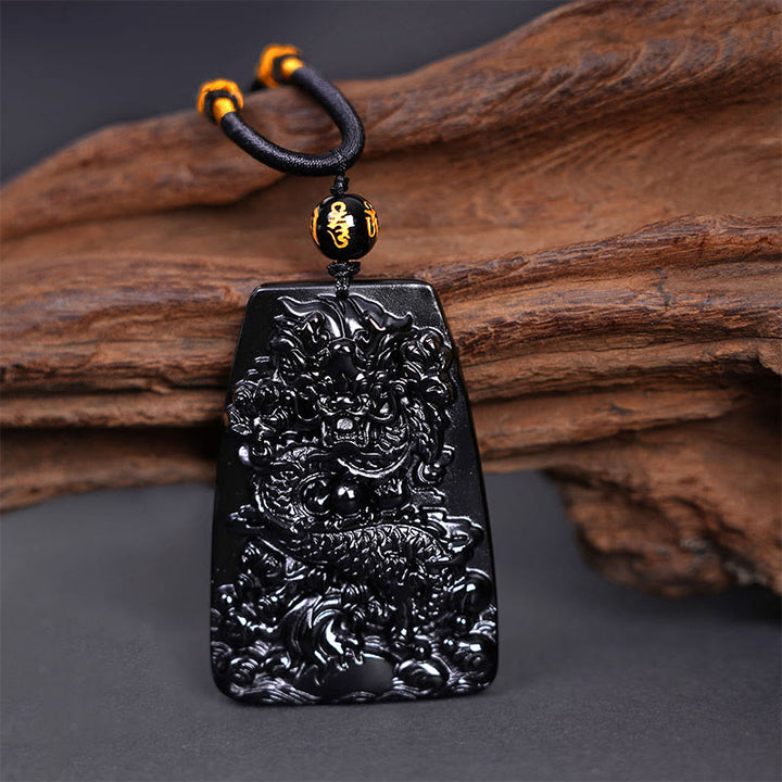 Buddha Stones Black Obsidian Dragon Carved Luck Protection Necklace Pendant - image 14