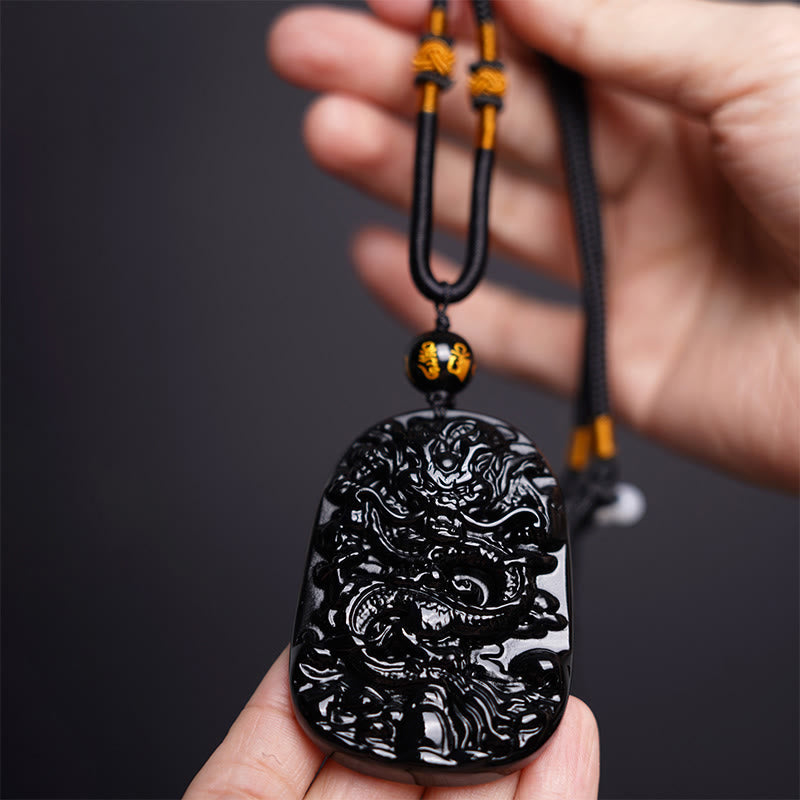 Buddha Stones Black Obsidian Dragon Carved Luck Protection Necklace Pendant - image 3