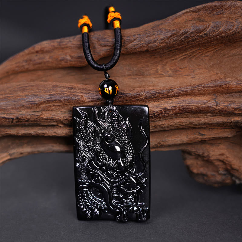 Buddha Stones Natural Black Obsidian Rectangular Dragon Engraved Success Necklace Pendant - image 11
