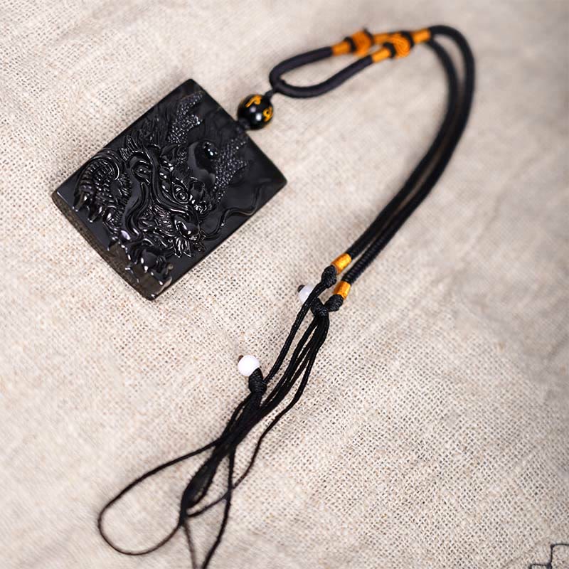 Buddha Stones Natural Black Obsidian Rectangular Dragon Engraved Success Necklace Pendant - image 13