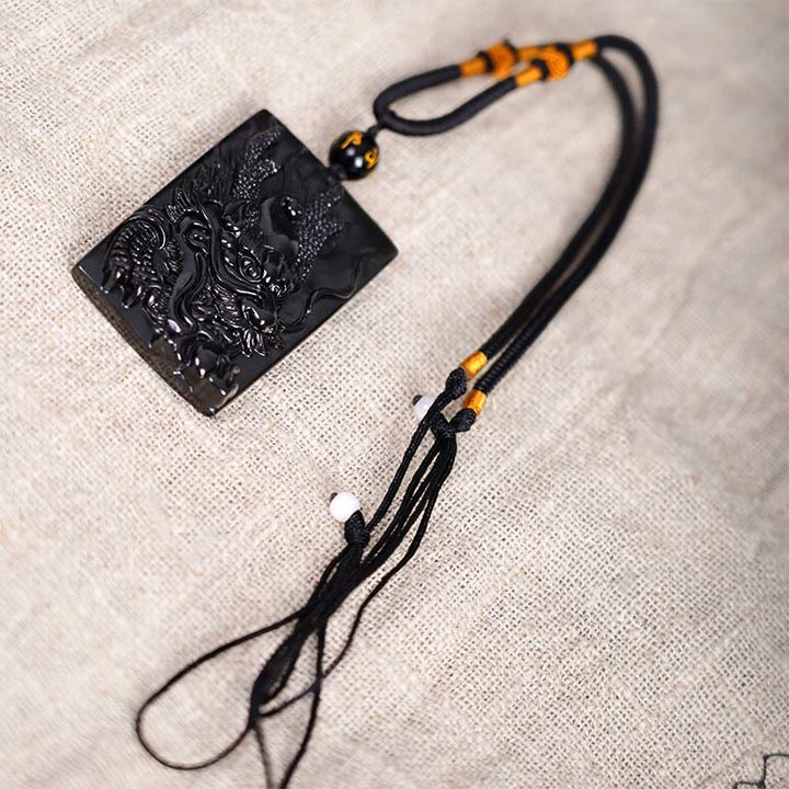 Buddha Stones Natural Black Obsidian Rectangular Dragon Engraved Success Necklace Pendant - image 13