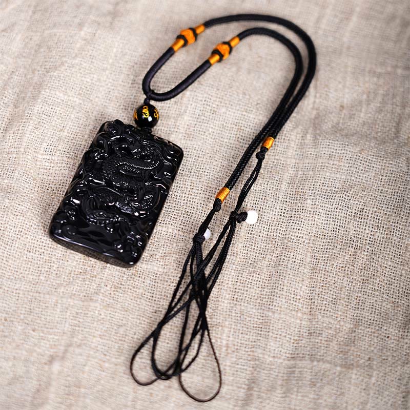 Buddha Stones Natural Black Obsidian Rectangular Dragon Engraved Success Necklace Pendant