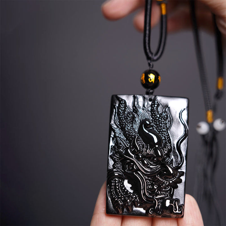 Buddha Stones Natural Black Obsidian Rectangular Dragon Engraved Success Necklace Pendant