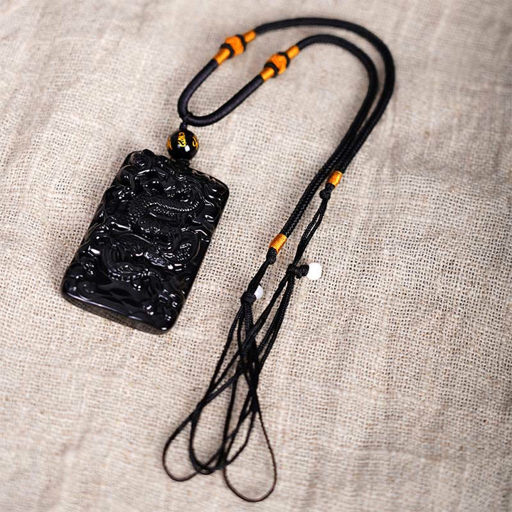 Buddha Stones Natural Black Obsidian Rectangular Dragon Engraved Success Necklace Pendant - image 6