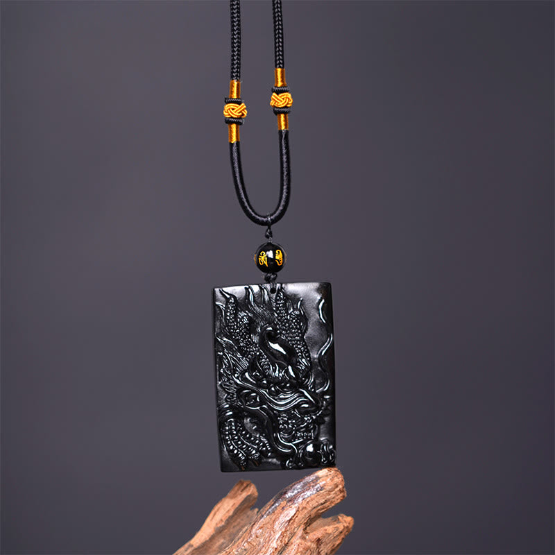 Buddha Stones Natural Black Obsidian Rectangular Dragon Engraved Success Necklace Pendant - image 10