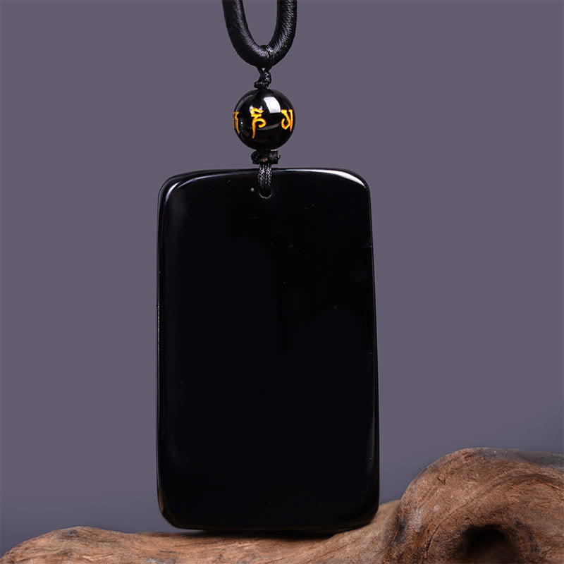 Buddha Stones Natural Black Obsidian Rectangular Dragon Engraved Success Necklace Pendant