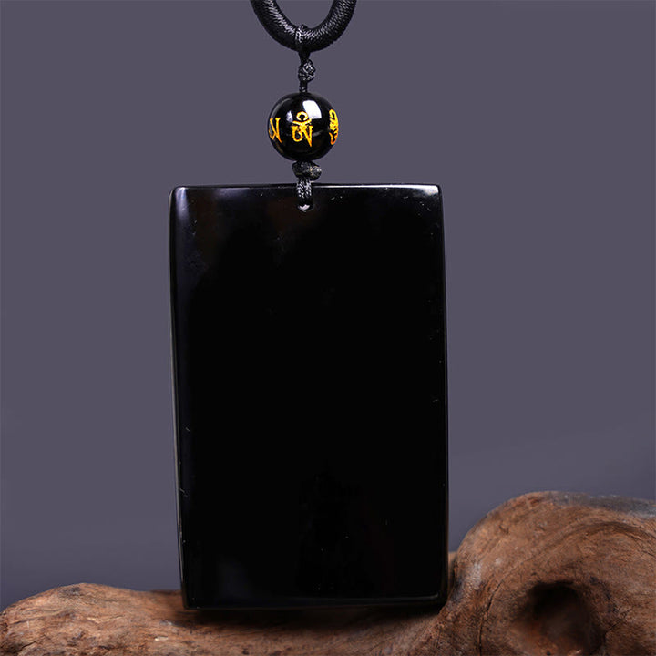 Buddha Stones Natural Black Obsidian Rectangular Dragon Engraved Success Necklace Pendant - image 15