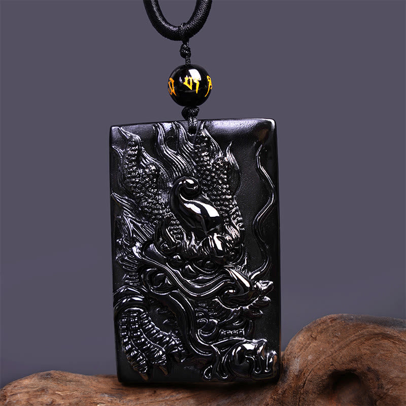 Buddha Stones Natural Black Obsidian Rectangular Dragon Engraved Success Necklace Pendant - image 14