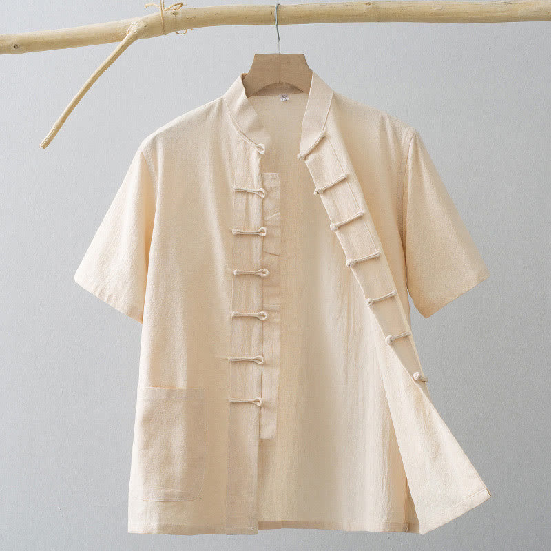 Buddha Stones Chinese Frog-Button Tang Suit Men's Short Sleeve Shirt Cotton Linen Clothing With Pockets - AntiqueWhite - US/UK/AU44，EU54 (4XL) - image 11