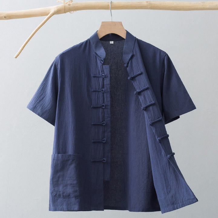 Buddha Stones Chinese Frog-Button Tang Suit Men's Short Sleeve Shirt Cotton Linen Clothing With Pockets