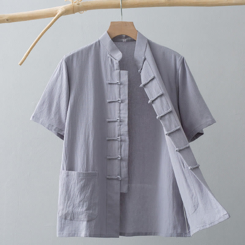 Buddha Stones Chinese Frog-Button Tang Suit Men's Short Sleeve Shirt Cotton Linen Clothing With Pockets - LightGrey - US/UK/AU44，EU54 (4XL) - image 10