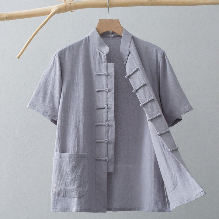 Buddha Stones Chinese Frog-Button Tang Suit Men's Short Sleeve Shirt Cotton Linen Clothing With Pockets - LightGrey - US/UK/AU44，EU54 (4XL) - image 10