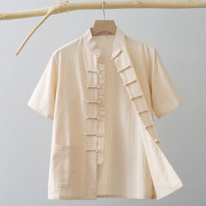 Buddha Stones Chinese Frog-Button Tang Suit Men's Short Sleeve Shirt Cotton Linen Clothing With Pockets - AntiqueWhite - US/UK/AU44，EU54 (4XL) - image 12