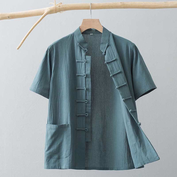 Buddha Stones Chinese Frog-Button Tang Suit Men's Short Sleeve Shirt Cotton Linen Clothing With Pockets - CadetBlue - US/UK/AU44，EU54 (4XL) - image 8