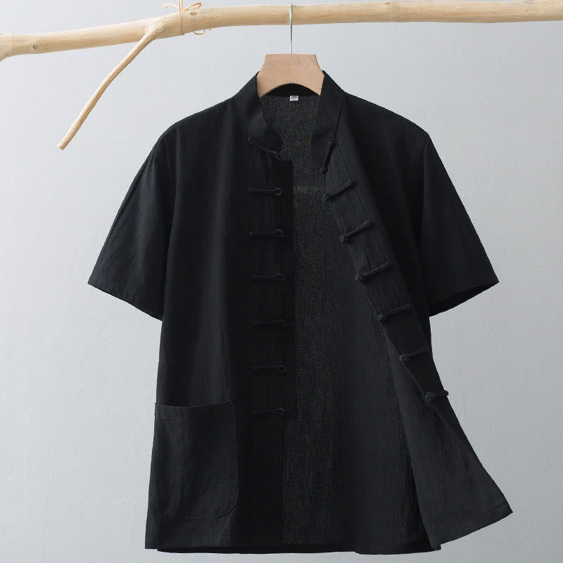 Buddha Stones Chinese Frog-Button Tang Suit Men's Short Sleeve Shirt Cotton Linen Clothing With Pockets - Black - US/UK/AU44，EU54 (4XL) - image 16
