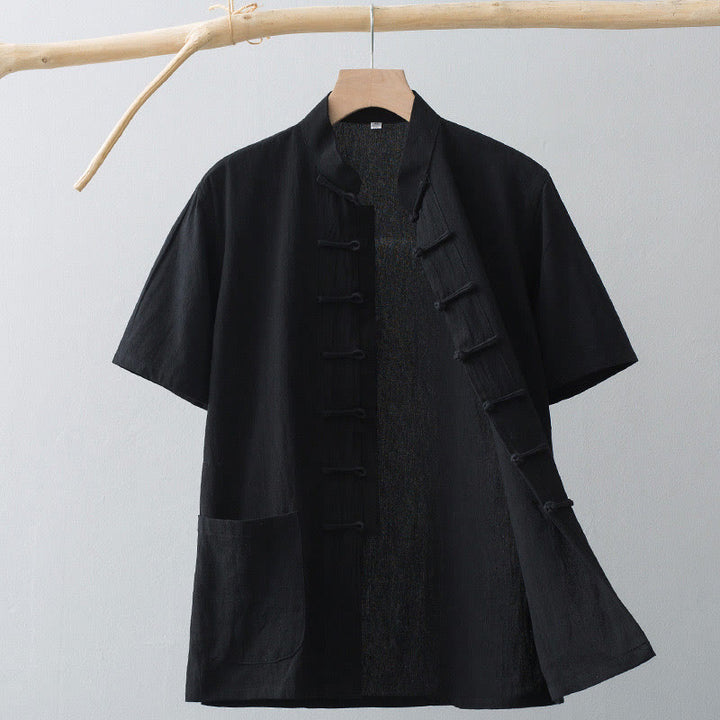 Buddha Stones Chinese Frog-Button Tang Suit Men's Short Sleeve Shirt Cotton Linen Clothing With Pockets - Black - US/UK/AU44，EU54 (4XL) - image 16