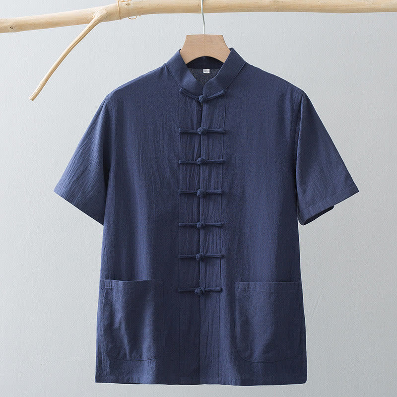 Buddha Stones Chinese Frog-Button Tang Suit Men's Short Sleeve Shirt Cotton Linen Clothing With Pockets - image 15