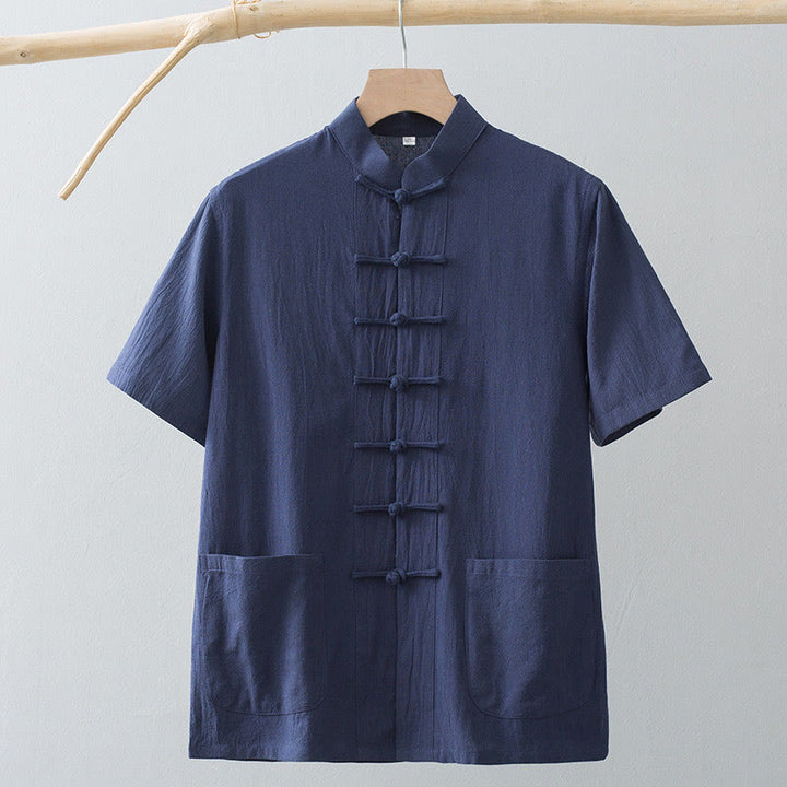 Buddha Stones Chinese Frog-Button Tang Suit Men's Short Sleeve Shirt Cotton Linen Clothing With Pockets - image 15