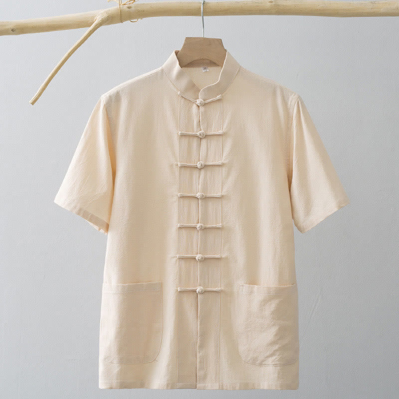 Buddha Stones Chinese Frog-Button Tang Suit Men's Short Sleeve Shirt Cotton Linen Clothing With Pockets - image 13