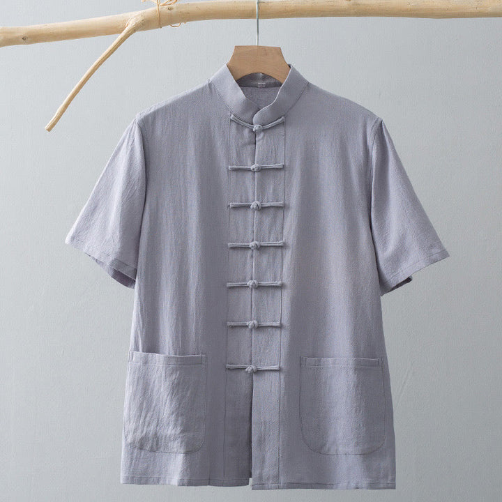 Buddha Stones Chinese Frog-Button Tang Suit Men's Short Sleeve Shirt Cotton Linen Clothing With Pockets